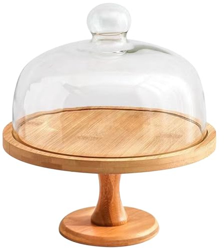Peosaard Cake Stand with Lid, Cake Stand 9 Inch Wooden Cake Stand with Clear Glass Lid Detachable Cake Dome Multi-functional Cake Holder for Party Cake Dessert Cheese Fruit Display and Storage