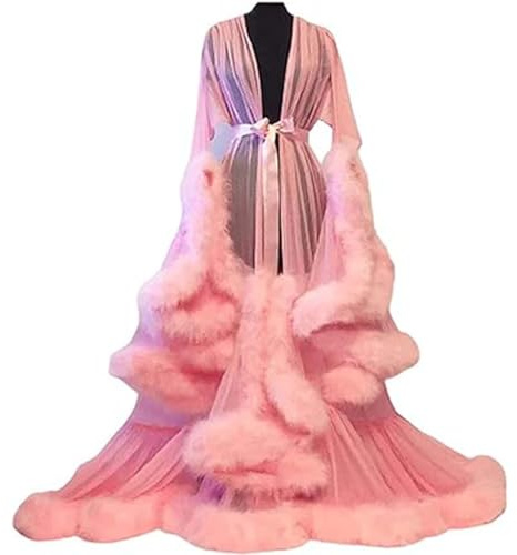 MHNFGDSE Maxi Jupe Sexy pour Femme Long Dentelle Trasparente Queen Robe Perspective Lingerie de Nuit Sheer Nuisette avec Plumes Ceinture Grande Taille Chambre Kimono Maille Transparente,G,One Size