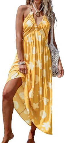 CUPSHE Women's Maxi Summer Dress Halter Neck Ruffle Plunge V Neck Sleeveless Backless A-Line Casual Party Long Dress Yellow Seashell L
