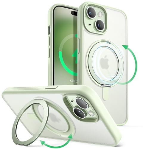 JETech 360° Rotatable Ring Stand Case for iPhone 15 Plus, Green | Compatible with MagSafe, Translucent Matte Back, Stand & Ring Holder, Shockproof Protection
