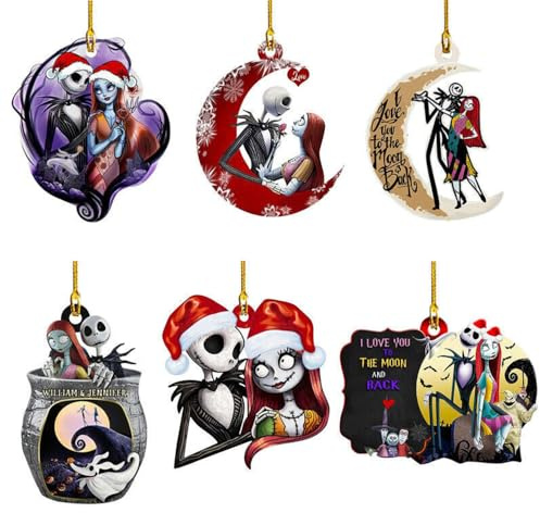 Before Christmas Tree Decorations, 6PCS Acrylic Cute Funny Jack and Sally Hanging, 2D Flat Ornaments Set for Halloween Christmas New Year Holiday and Car Interior, Winter Decor