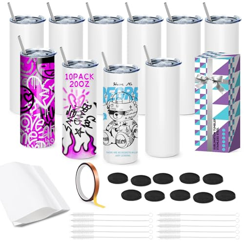 10 Stück Sublimation Rohlinge 20 oz Trinkhalm für Tassen, White Straight Bulk Edelstahl Tumbler, Sublimationsbecher für Wärmeübertragung, mit Deckel und Stroh, Schrumpffolie, einzeln verpackt