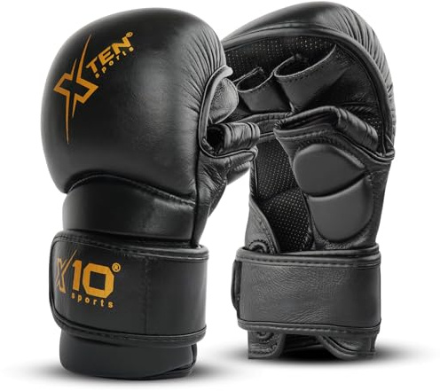 MMA Gloves Real Leather, Sparring Grappling, Open Palm Martial Arts Mitts Men Women, Adjustable Wrist Support, Cage Fighting Combat Sports Boxing Training, Muay Thai, Kickboxing (BLACK/GOLD, L/XL)