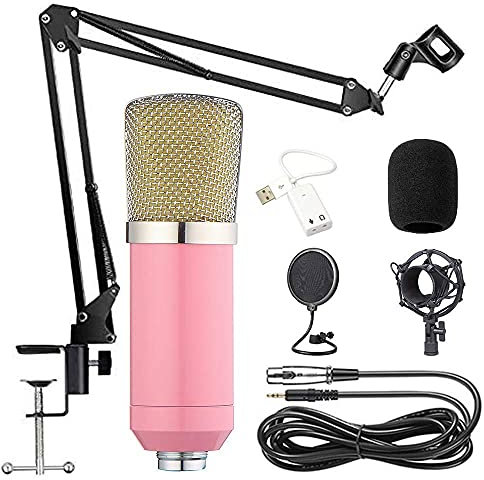 CWCQGH condenser mic Kit Mic Set gaming mic, PC Mic to 3.5mm with Adjustable Mic Suspension Scissor Arm, Shock Mount,for Studio RecordingBroadcasting (Pink)
