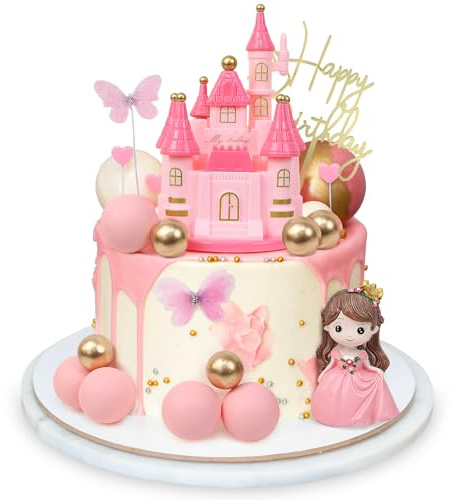 LACGO Princess Castle Cake Toppers Pink 18pcs with Organza Butterfly Balls, Happy Birthday Cake Decorations, Princess Castle Cake Decorations for Baby Shower Girl, Princess Birthday Party Supplies
