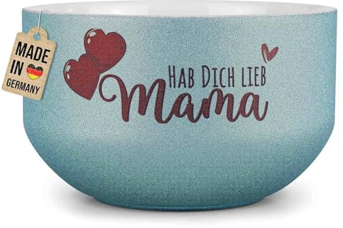 Print Royal PR Glitzer Müslischale mit Spruch - Hab dich lieb Mama - Persönliches Geschenk für Mama zum Muttertag, Geburtstag, Weihnachten - Keramik, Blau 500 ml