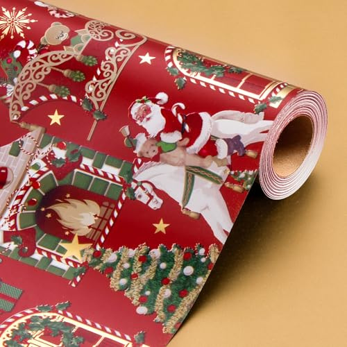Wikadlik Weihnachts Geschenkpapier Minirolle Rot mit Vintage Kamin, Pferd und Christbaumkugeln für Winter, Feiertage, DIY und festliche Anlässe – 43cm x 10m