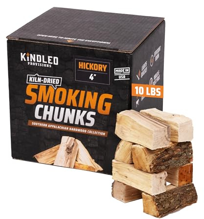 Kindled Provisions Hickory-Holzbrocken von Kindled Provisions – Box mit 4,5 kg & 10,2–15,2 cm ofengetrocknetem, kräftigem Geschmack, BBQ Räucherholz für Smoker und Grill, hochwertiges südliches