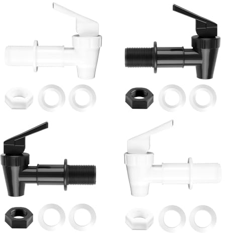 4 Stück Kunststoff Getränkespender Zapfhahn Set, Auslaufhahn für Standard 3/4 Zoll, UV-beständiger Wasserhahn Matschküche, Wasserhahn für Regentonne, Regentonne Hahn (Schwarz/Weiß)