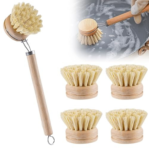 Spazzola per piatti in legno con testa intercambiabile, set di spazzole in legno, spazzola da cucina con fibra naturale, spazzola per lavare i piatti, con 3 testine di ricambio, spazzola in fibra