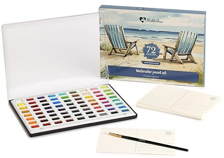 Mikkelhus Aquarellfarben Set – 72 Farben in box mit Pinsel & 20 Postkarten | Aquarell-Malset für Reisen, Künstler, Anfänger & Kinder