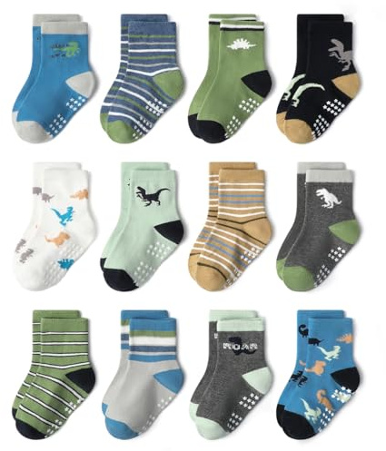 HaimoBurg 12 pares de calcetines antideslizantes de algodón transpirable para niños de 1 a 5 años, calcetines para niños y niñas recién nacidos, 1- 3 Años