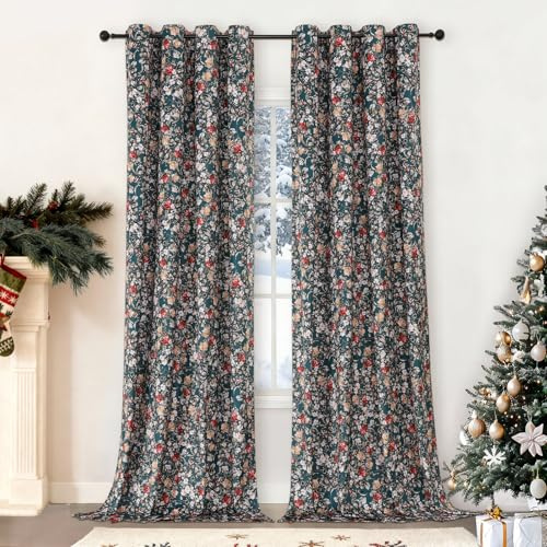 VEHEDE Vintage Blumenmuster grüne Samt-Vorhänge für Schlafzimmer 244 cm, Elegante Wohnraumdeko für Wohnzimmer verdunkelnd wärmeisoliert geräuschreduzierend Ösen Verdunkelungsvorhänge, 132x244 cm, 2er