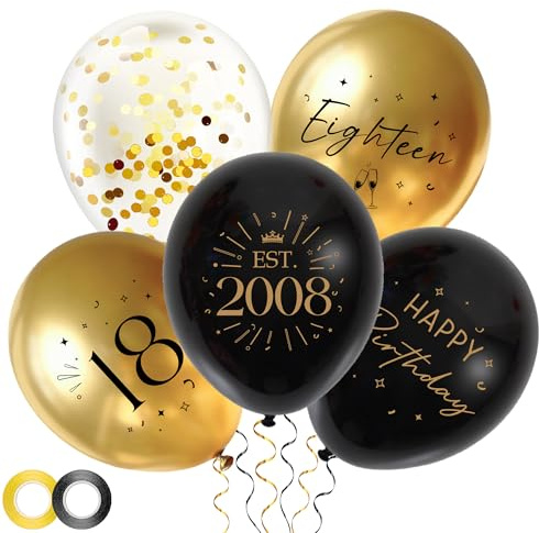Black Gold 18th Birthday Balloons - 30pcs Birthday Decorations for Boys and Girls with Ribbon, Eighteen Latex Balloons for 18 Year Old Party Celebration