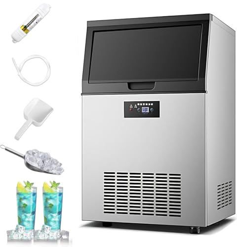 CIELOBLOEN Machine à glaçons Commerciale, Machine à glaçons, 100 kg/24 h, 78 glaçons/lot, sous comptoir ou Autoportant, en Acier Inoxydable, autonettoyant, pour la Maison, Le Bar