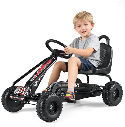 GOPLUS Gokart med justerbar sits, sparkbil med handbroms och stängt kedjeskydd, fram- och bakåtväxel, sparkfordon för barn från 3 år till 30 kg (svart)