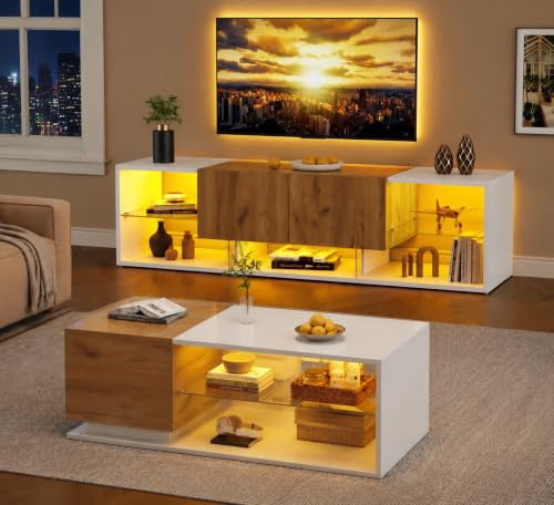 OKMYHOME Ensemble Meuble TV et Table Basse avec LED, 2 Pièces | Verre et panneaux effet brillant, finition bois, ensemble coordonné pour salon moderne