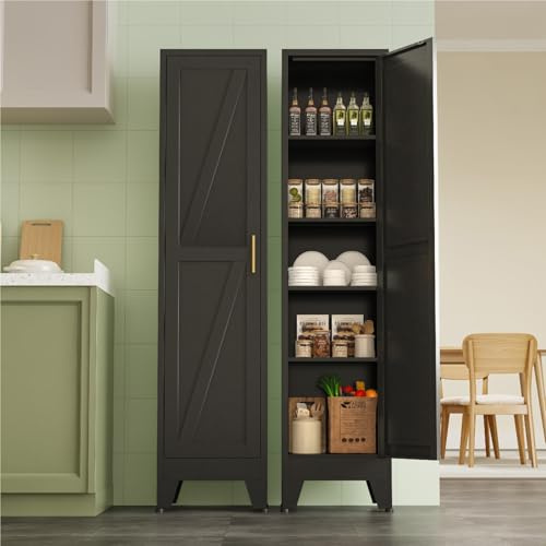 Mehrzweckschrank 40 cm breit, küchenschrank mit 1 Tür, Verstellbarer 5-Stufiger Metallschrank, Vorratsschrank, Allzweckschrank, Schrank Schmal für Küche, Esszimmer, Wohnzimmer und Badezimmer-Schwarz-B