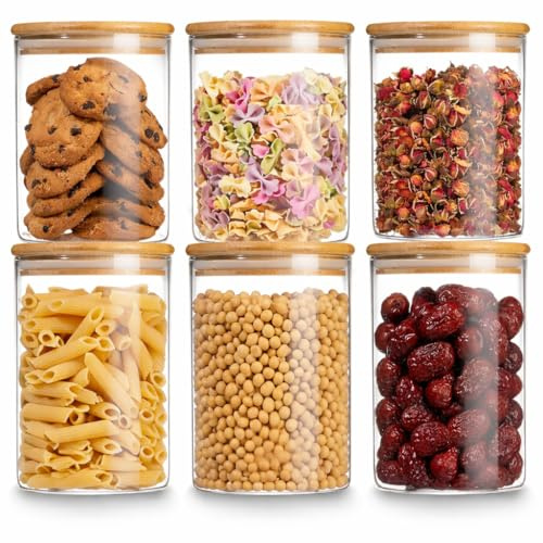 Elenviorina 6-Pack Glass Jars with Bamboo Lids – 600ml Airtight Glass Storage Canisters for Kitchen, Spice Jars with Silicone Seal for Coffee, Sugar, Tea, Grains & Cookies – Clear Set of 6