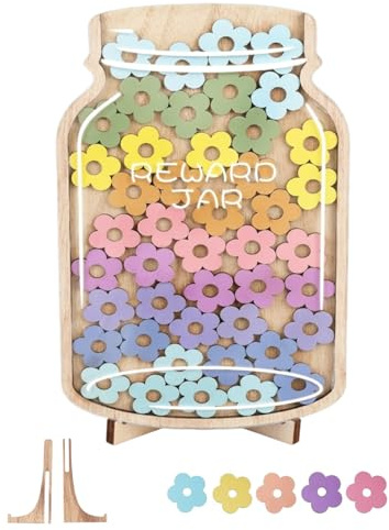 QEQSHQO Tabla de Recompensas para Niños, Tarro de Premios 1 Set con 45 Fichas de Flores. Sistema de Motivación Visual Fomenta Buen Comportamiento, Tareas, Hábitos y Potty Training.