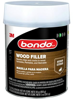 3M Bondo Wood Filler – 30 fl oz, High-Performance Two-Part Formula for Interior and Exterior Wood Repairs, Fast-Curing, Paintable, Stainable