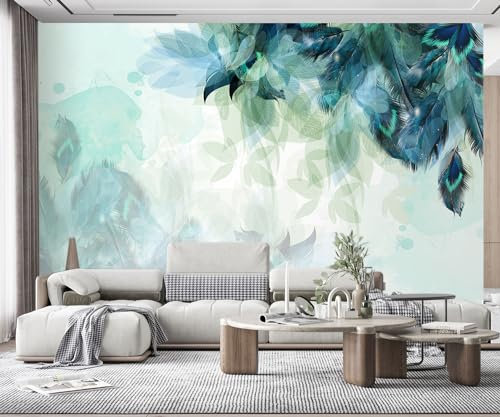 MIWEI Wallpaper Papier Peint Panoramique Plumes Bleues Simples Peintes À La Main Papier Peint Nature Intissé Murale Chambre Salon（300cmX210cm）