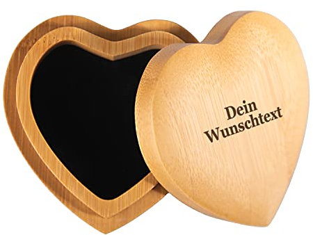 Geschenke 24 Herz Ringbox mit Gravur (Wunschtext, Bambusholz) - gravierte Ringschatulle in Herzform für das Brautpaar – personalisiert mit Namen und Datum oder Wunschgravur zur Hochzeit oder Verlobung