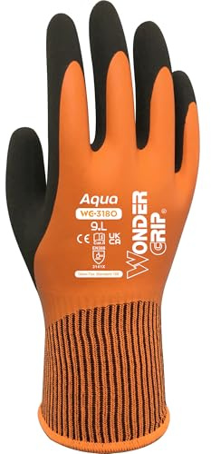 Wonder Grip Aqua Orange WG-318O Work Gloves Waterproof, Water-Repellent, Double Latex Coating, Non-Slip for Secure Grip in Wet and Wet (9 / L)