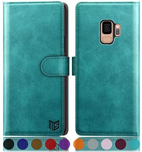 SUANPOT [RFID Schutz für Samsung Galaxy S9 Hülle PU Leder Handyhülle Lederhülle Klapphülle Kartenfach Flip Cover für Samsung S9 Handy hülle Leather Wallet Phone Case Blau Grün