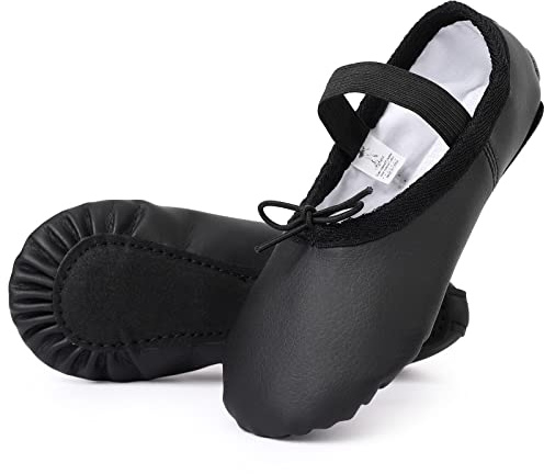 Kefiyis Ballet Shoes for Girls Leather Dance Shoes Full Sole Ballet Flats Ballet Slippers for Kids Toddler Women Adults(Black 10.5)