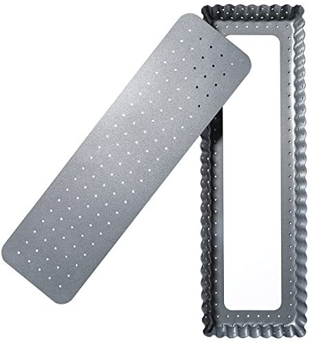 Webake Kuchenform mit abnehmbarem Boden, 35,6 cm rechteckige Quiche-Pfanne perforierte Tartdose antihaftbeschichtet knuspriges Backblech für geriffelte Kuchen, Pizza, Quiche-Tart