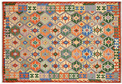 RUG PRINCE Afghan Maimana Kelim Teppich 200x300 Handgewebt Bunt Geometrisch Handarbeit h