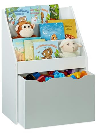 Relaxdays Kinderregal mit 3 Ablagefächern, Kiste mit Rollen, HBT: 70 x 50,5 x 28 cm, schmales Spielzeugregal, weiß/grau