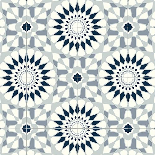 Patterned Magic Vinyl Flooring 2.8mm Realistic Foam Backed Lino Slip Resistant (Blue Rosette Tiles, 2m x 3m)