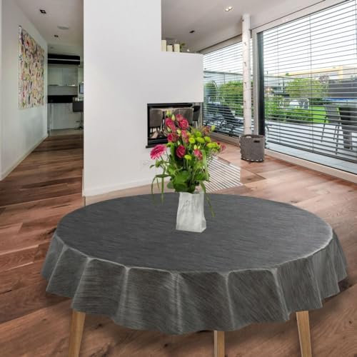 laro runde 140 cm wachstuchtischdecke wachstischdecke abwashbar PVC tischdecke Wachstuch wasserabweisend Garten tischdecke, Muster:Leinenoptik d. grau