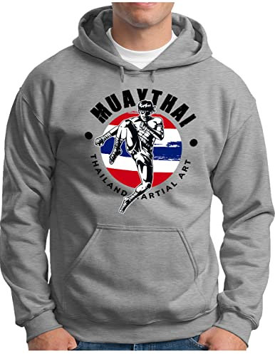OM3® Muay-Thai Fighter Hoodie - Herren - Thailand Martial Arts Fight Boxing Club - Kapuzen-Pullover Grau Meliert, M