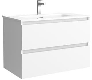 Mueble de baño Bequia 80 cm con Lavabo 100% montado de fábrica | Acabado Blanco Mate suspendido 2 cajones Cierre amortiguado Apertura con uñero | Lavabo Porcelana Blanca | Marca Salgar
