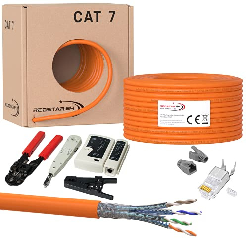 100m CAT 7 Kabel Verlegekabel Netzwerkkabel Crimpzange RJ45 Zange / Kabeltester / Kabelmesser / 10x Netzwerkstecker RJ45 Stecker LAN Halogenfrei Installationskabel CAT7 Kupfer Netzwerk Werkzeug SET
