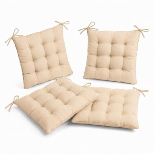 Déco Arts Coussin de Chaise - Lot de 4 Coussins Carrés avec Attaches pour Chaises Intérieur ou Extérieur - Polyester 65% & Coton 35% - Galette Certifiée Oeko-TEX - 40 x 40 cm, 380 g, Beige