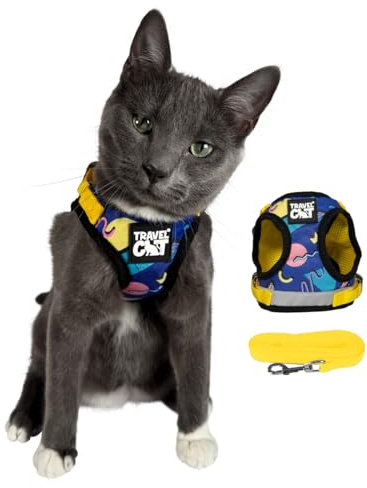 Travel Cat: The True Adventurer – reflektierendes Katzen- und Kätzchen-Geschirr und Leine, Set zum Spazierengehen, leicht, starke Leine mit stabilem Druckknopf-Clip (90er Jahre-Katze, klein)
