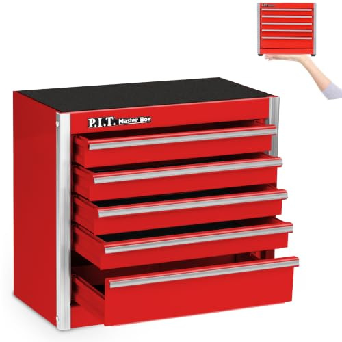 P.I.T. Mini Rot Werkzeugkasten, Tragbare 5 Schubladen Micro Roll Cab Stahl Werkzeugkoffer mit Liner, Rot Kleiner Werkzeugkoffer für Werkzeuge Aufbewahrung, Home DIY