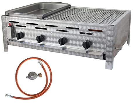 BSR-Grillen 4-flammiger Profi Gasgrill aus Edelstahl, stufenlos regelbar, Gasbräter, Gastrogrill, Gastrobräter mit Gasschlauch und Druckminderer (14,4 kW | Kombigrill 2/3 Grillrost 1/3 Pfanne)