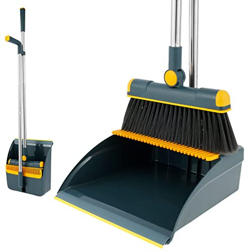 Besen mit Kehrschaufel lang, 180° Drehbar Besen und Kehrschaufel Set mit Langem Stiel & Kammzähne, Aufrechte, Zusammenklappbare Aufbewahrung, Kehrset Für Haus Büro Garten Balkon Terrasse