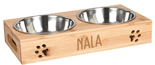 LAUBLUST Station d'alimentation pour Chiens personnalisée avec nom – Naturelle | 38x19x6cm, surélevée - Mangeoire et Abreuvoir pour Chats | 2 gamelles en INOX x 0,75L | Gamelle avec Gravure pour Chat