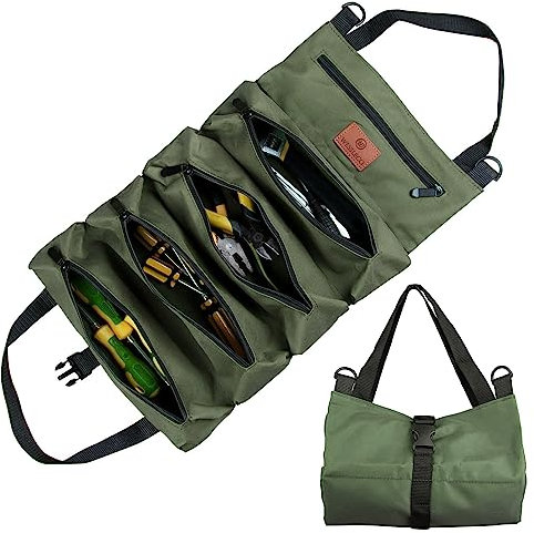 Werkzeug Rolltasche, Canvas Schraubenschlüssel Werkzeugtasche, Mehrzweck Rolltasche mit 5 Reißverschlusstaschen, Ideal für Klempner Handwerker und Elektriker (Grün)