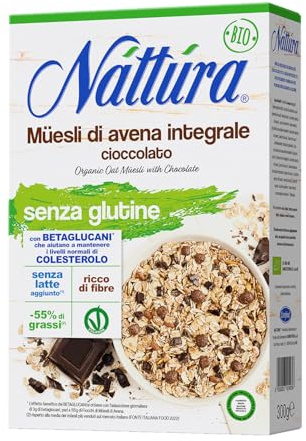 NATTURA Muesli di Avena Integrale con Cioccolato Bio, Confezione da 300 g | Muesli Senza Glutine e Senza Lievito, Ricco di Fibre e Senza Olio di Palma, Prodotto Vegano Senza Latte