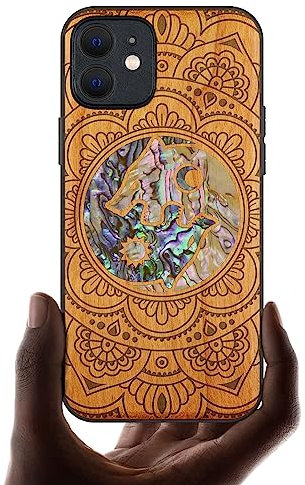 Carveit Coque magnétique pour iPhone 12 Étui de Protection TPU Coque [Gravure en Bois et Incrustation de Coquille] Compatible avec 12 Magsafe Artistique Coque (Cerise-Coquille Yin Yang Loup)