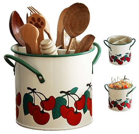 Soporte de utensilios de cocina Caddio de utensilios pintados de cereza vintage con divisor desmontable y orificio de drenaje 4 Compartimento Organizador de utensilios de hierro