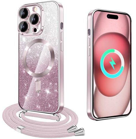 Handykette für iPhone 15 Pro Hülle mit Band,Transparente Glitzer Magnetisch Handyhülle[Kompatibel mit Magsafe]Silikon TUP Schutzhülle für iPhone 15 Pro zum Umhängen Stoßfest Case mit kette,Roségold
