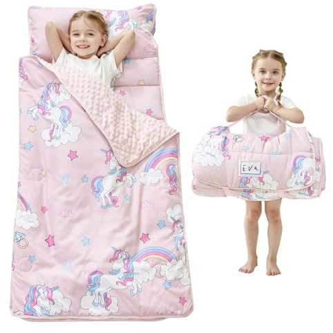 Lasoftan Toddler Nap Mat with Pillow and Blanket, Extra Large Rolled Napping Mats, Toddler Nap Mat for Boys Girls,Kids Sleeping Mat for Daycare, Preschool Travel Camping, Unicorn